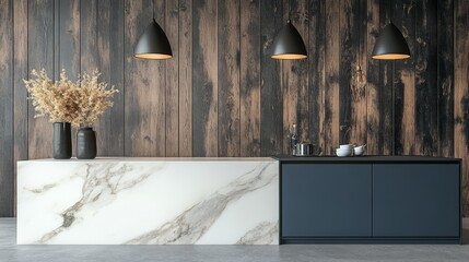 Modern Minimalist Kitchen with Marble Countertop and Wood Accent Wall
