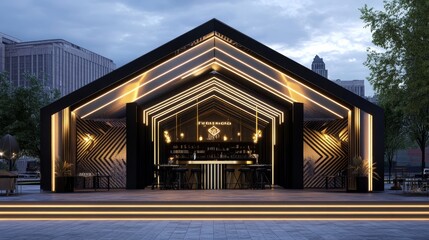 Modern Bar Exterior Design: A sleek and stylish bar facade in a contemporary style, featuring a black and gold color scheme, geometric accents, and warm lighting.  