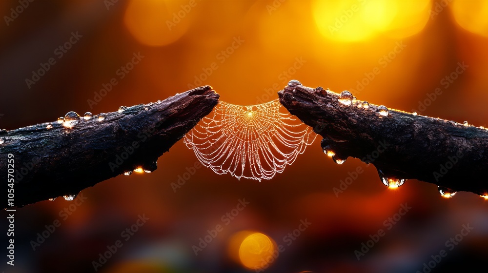 Poster a spiderweb strung between two branches glistens with morning dew, creating a delicate and intricate