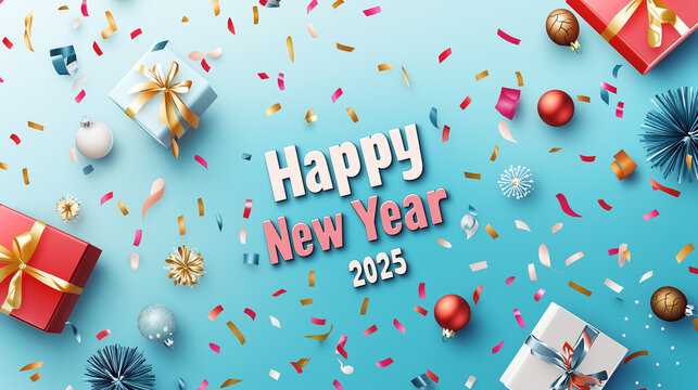 Colorful New Year celebration with gifts and confetti on a blue background. Perfect for festive 2025 holiday greetings and cheerful party themes.