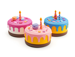 Three colorful birthday cakes with candles and sprinkles, perfect for a festive celebration.