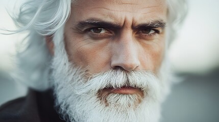 A close up of a man with white hair and beard
