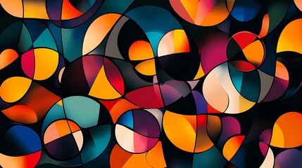 Fototapeta premium Abstract background with vibrant, overlapping geometric shapes in red, blue, orange, and yellow hues.