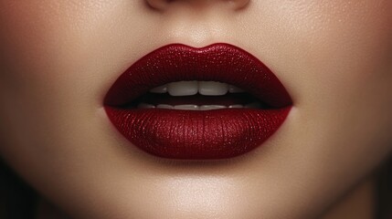 Fototapeta premium Close-up of lips with red lipstick, beauty and fashion concept