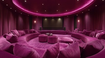 Luxurious home theater with a curved, plush sofa and magenta lighting.