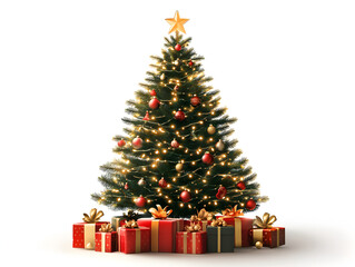 A beautifully decorated Christmas tree with twinkling lights and ornaments, surrounded by wrapped gifts.