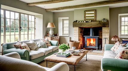Cottage interior with modern design and antique furniture, home decor, sitting room and living room, sofa and fireplace in English country house and countryside style interiors
