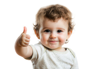 A cheerful toddler giving a thumbs up sign, smiling happily while sitting against a plain white background