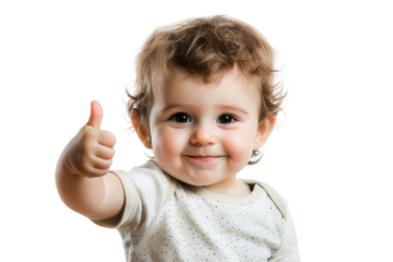 A cheerful toddler giving a thumbs up sign, smiling happily while sitting against a plain white background