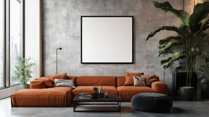 Modern Living Room with Orange Sofa and Blank Canvas
