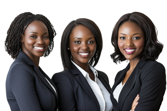 Three business women smiling confidently in smart attire during a professional networking event
