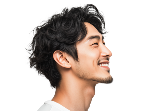 Happy smiling Asian man in profile portrait showcasing joy and positivity against a simple background