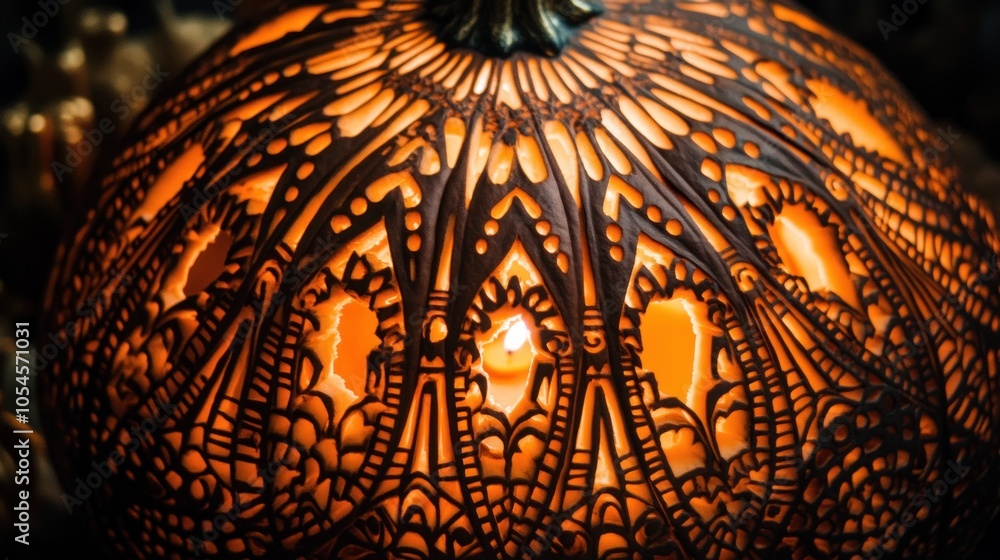 Poster a carved pumpkin with intricate designs and a candle inside, illuminating the patterns from within.