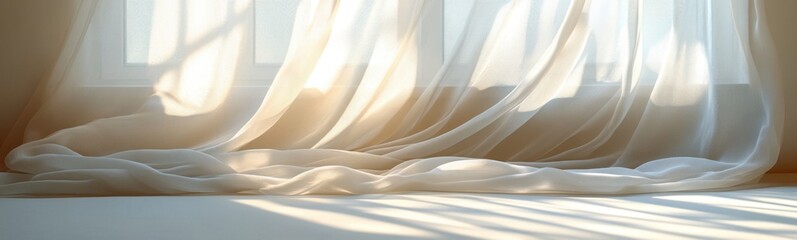 Sunlight shining through sheer curtains onto a bed in a bedroom