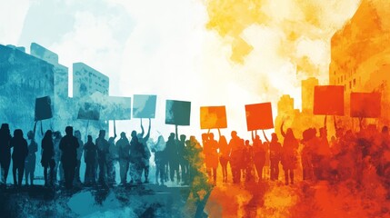 Protest and Demonstration: A powerful watercolor illustration depicting a diverse crowd of protestors, silhouetted against a vibrant backdrop of contrasting colors.