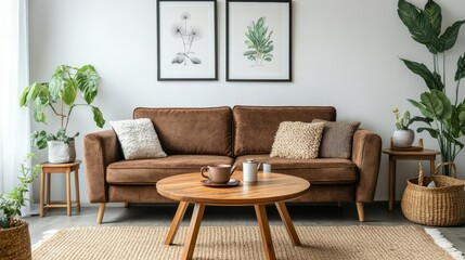 Cozy Living Room with Brown Sofa and Green Plants