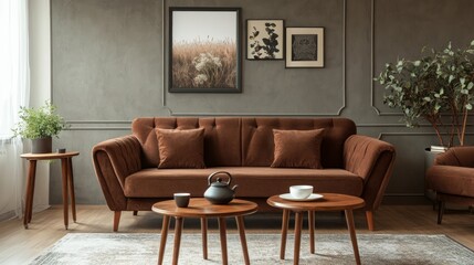 Cozy Living Room with Brown Sofa and Decorative Elements