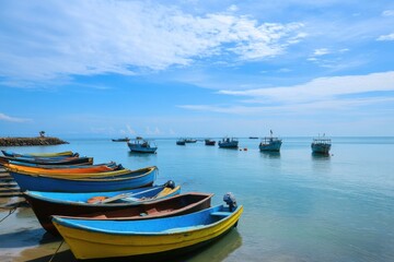 A serene coastal village with colorful fishing boats and a tranquil sea, Coastal scene, Peaceful style