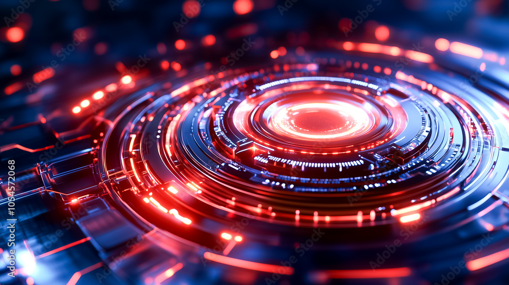 Poster an intricate holographic interface glows vividly in a dark setting, illustrating advanced technology