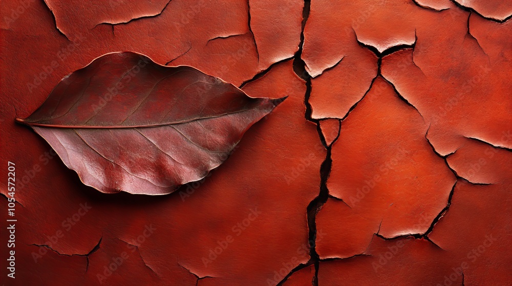 Poster a single red leaf rests on a cracked, red surface, creating a visually interesting interplay of text