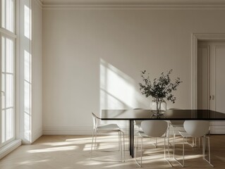 Minimalist monochrome dining room with a black glass table, white metal chairs, and plain white walls