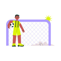 Male soccer player standing next to goalpost with soccer ball, isolated flat vector illustration symbolizing sports, goalkeeping, and football training.