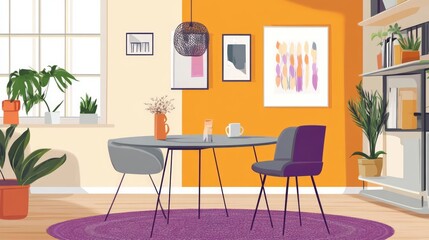 Modern Interior Design of a Cozy Dining Area with Orange Accent Wall and Contemporary Decor