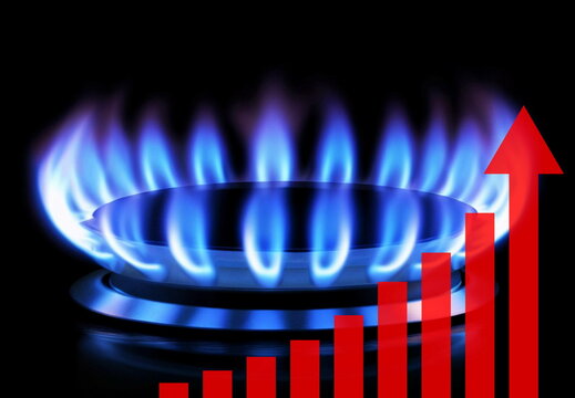 Natural Gas. High prices of natural gas. Blue flames of gas burning from a kitchen gas stove. Energy crisis concept, cost growth concept with burners and stock charts price reduction chart.