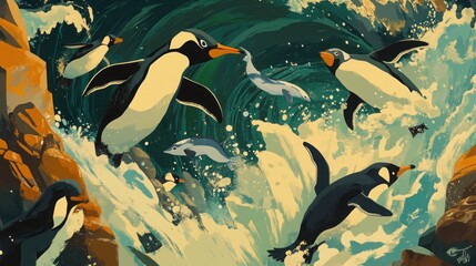 A group of penguins jumping into the ocean with a dolphin swimming by.