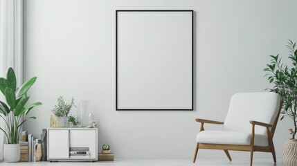 Minimalist Living Room with Blank Frame and Green Plants