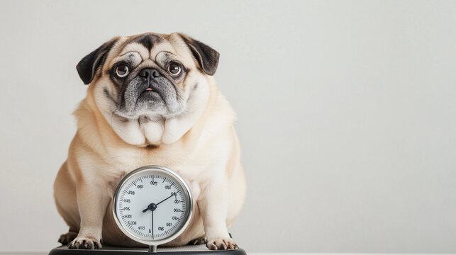 An overweight pug sits on bathroom scales, looking at the camera with a surprised expression, symbolizing pet weight issues