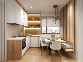Minimalist multifunctional dining room design with a foldable dining table integrated into a small kitchen