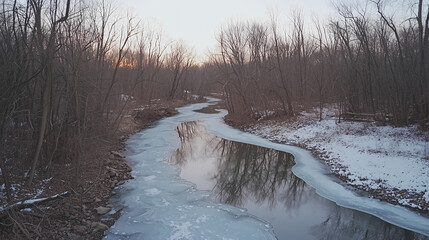 A winding river with patches of ice flows through a snow-covered forest