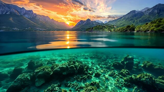 The image shows a lake in front of mountains, with the water split horizontally to show both the surface and the bottom