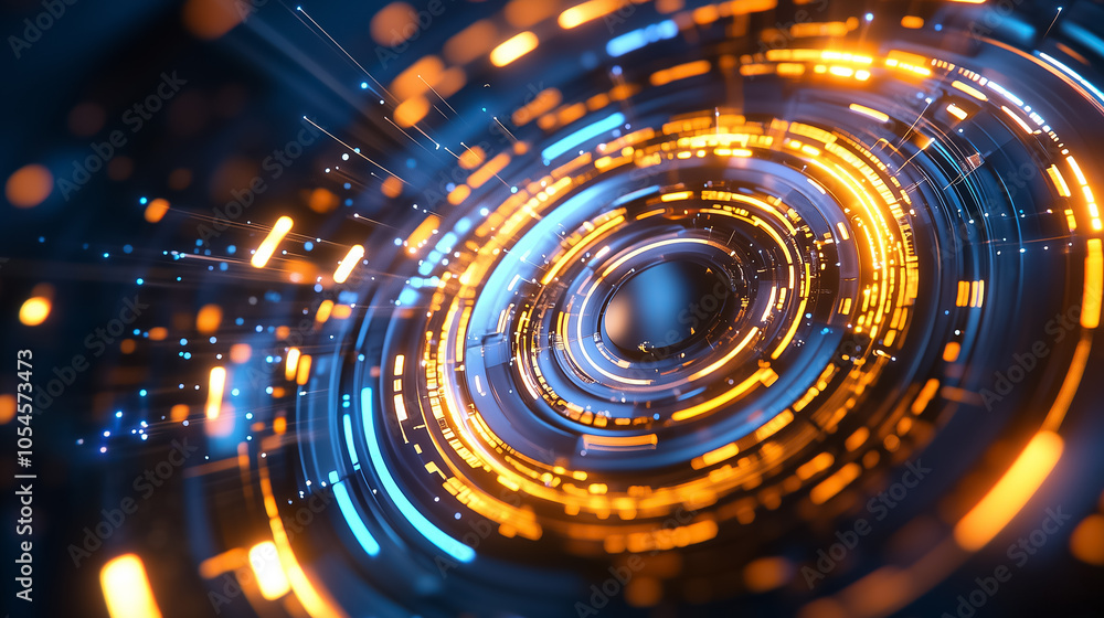 Poster a glowing, holographic interface displays a dynamic array of lights and patterns in a futuristic dig