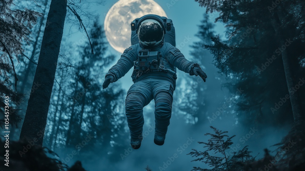 Canvas Prints an astronaut in a space suit floats above a forest floor under a large full moon