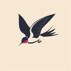 A stylized black and white swallow with a red throat, flying against a light background.