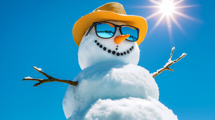 Smiling snowman wearing sunglasses and a straw hat, basking in the sun