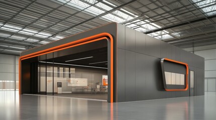 An exhibition industrial hangar tent designed for interactive displays, featuring a modern gray exterior with colorful accents. The interior is spacious and adaptable, perfect for showcasing innovativ