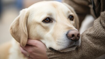 Close-up of a guide dog with a soft expression, being gently held by a person in a cozy sweater
