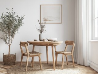 Fototapeta premium Minimalist small dining room with white walls and a foldable wooden dining table