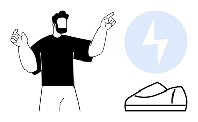Man gesturing, electric vehicle charger illustration, and blue lightning bolt symbol. Ideal for e-mobility, electric cars, charging stations, renewable energy, smart technology, future
