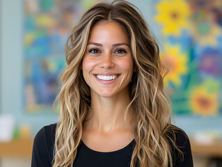 Obraz premium Smiling Woman Portrait in Natural Light with Joyful Expression and Colorful Background