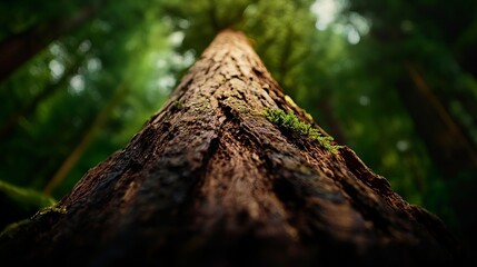 Fototapeta premium Looking up at a large tree trunk in a lush forest, the bark is textured and covered in green moss.