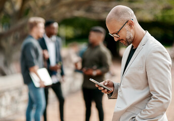Businessman, conversation and communication with mobile phone, social networking and app in city....