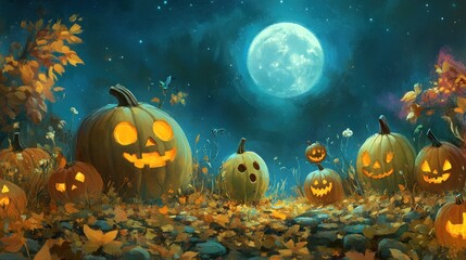 A group of jack-o'-lanterns with glowing faces stand in a field with a full moon and autumn leaves at night.