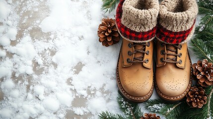 A pair of brown winter boots with knitted cuffs placed on a snowy surface surrounded by pine branches and pine cones