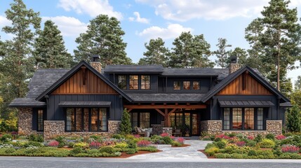 Naklejka premium Modern farmhouse with black exterior, stone accents, and a large front porch.