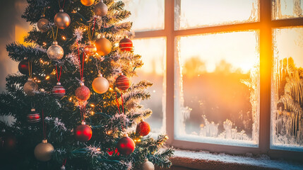 A Christmas tree decorated with ornaments stands by a frosted window with the sun shining through
