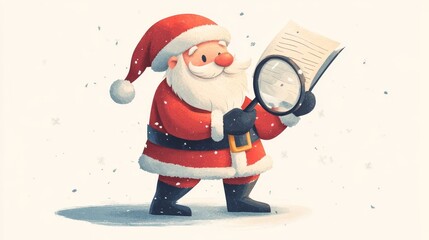 A cheerful Santa Claus holding a magnifying glass and checking a list while snowflakes fall around him